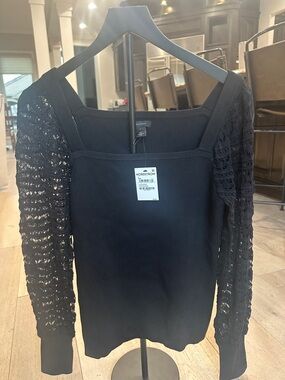 Halogen Black Knit Top with Lace Crochet Sleeves